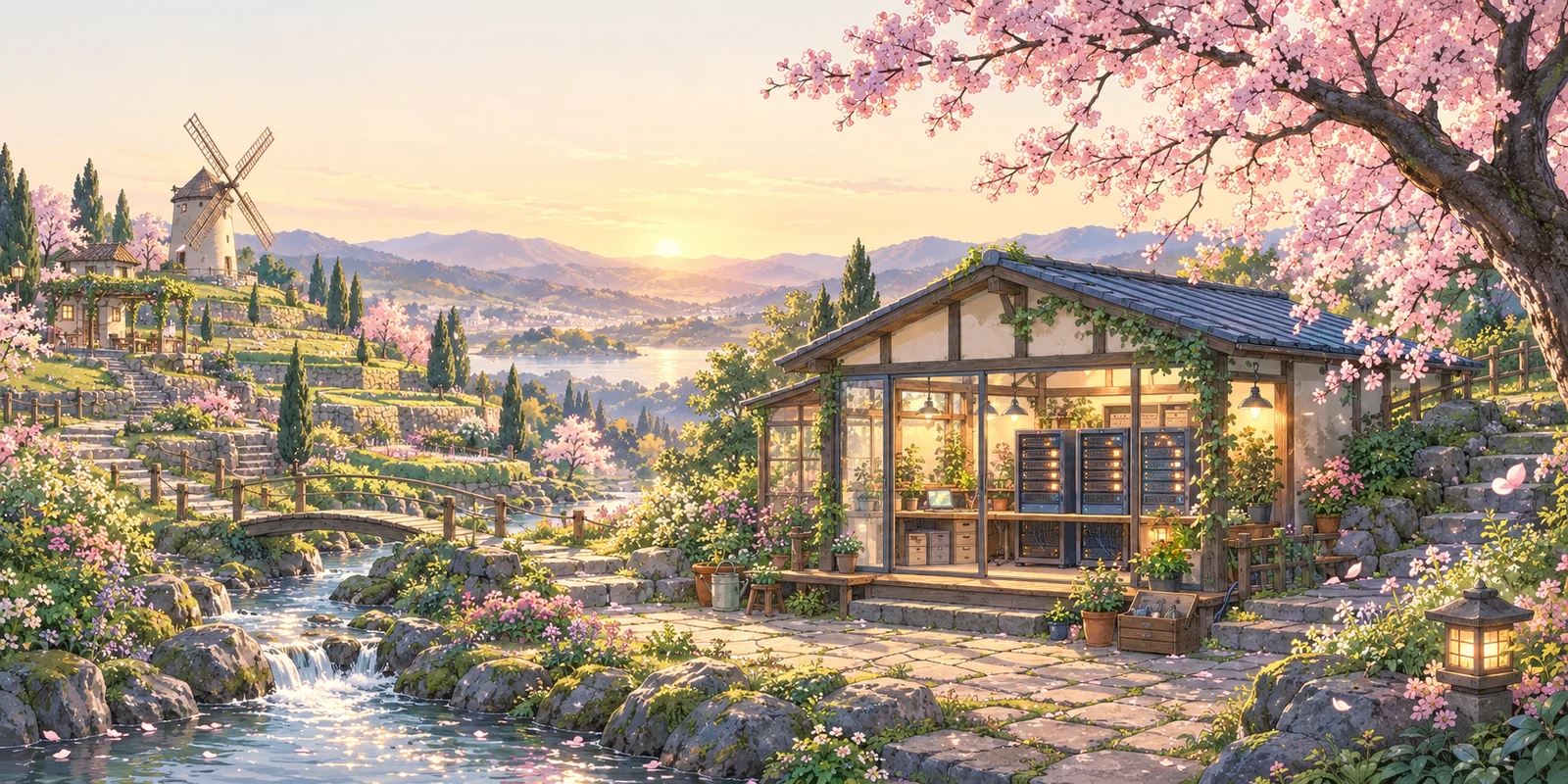 为 Saki 绘制的花园工作站：溪流、小桥与玻璃温室中的服务器，连接远处的小世界